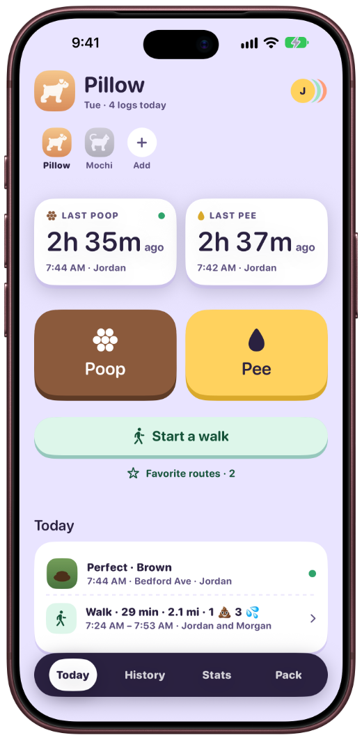 Leash Posse Today screen on iPhone: time since the last poop and pee, and big Poop and Pee buttons.