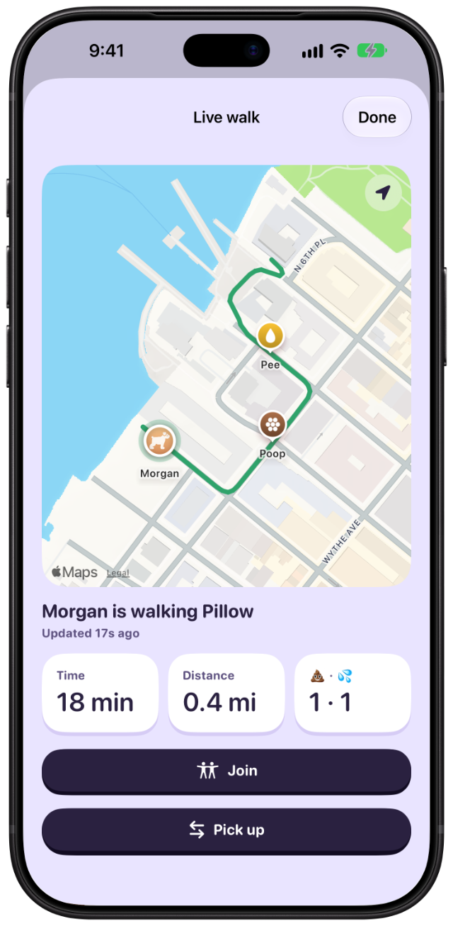 A live walk map in Williamsburg showing Pillow's route with a poop pin and a pee pin.