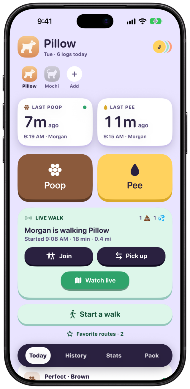 Today screen with a live walk card: Morgan is walking Pillow, with Join, Pick up, and Watch live buttons.