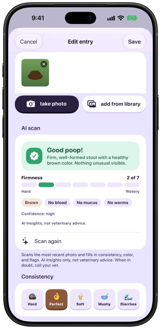 An AI scan card reading Good poop, firmness 2 of 7, brown, labeled AI insights, not veterinary advice.
