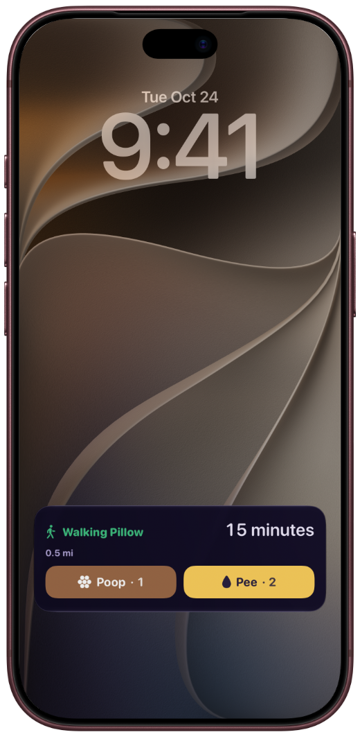 iPhone lock screen with a Leash Posse Live Activity: Walking Pillow, 15 minutes, with Poop and Pee buttons.