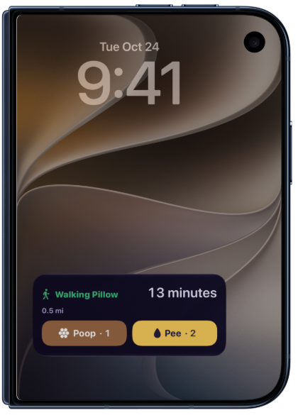 iPhone Duo closed, lock screen with a Leash Posse Live Activity: Walking Pillow, 13 minutes, with Poop and Pee buttons.