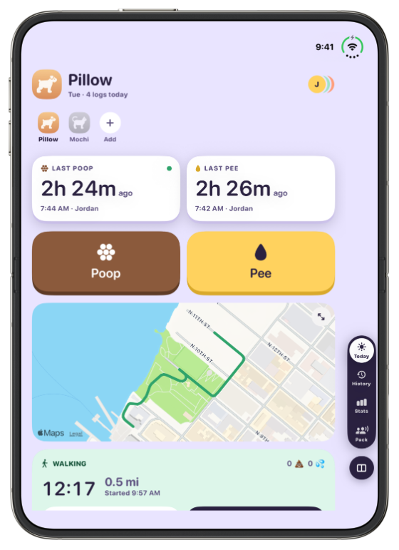 iPhone Duo open upright with walk controls on top and the live map below.