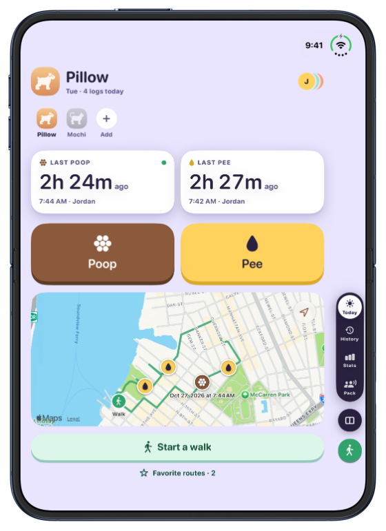 The same Today screen on iPhone Duo open upright, with the walk map below and a tab rail at the side.