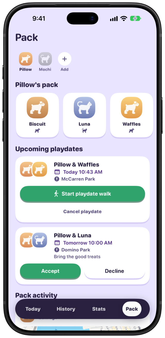 The Pack tab: Pillow's pack with Biscuit, Luna, and Waffles, and upcoming playdates with Start playdate walk and Accept buttons.